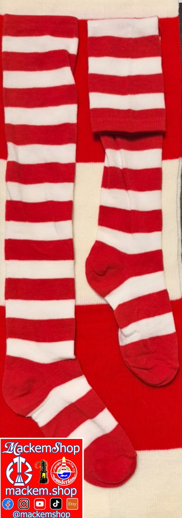 A pair of red and white horizontally striped knee-high socks displayed flat against a matching red and white striped background. A 'MackemShop' logo overlay is visible in the bottom-left corner.