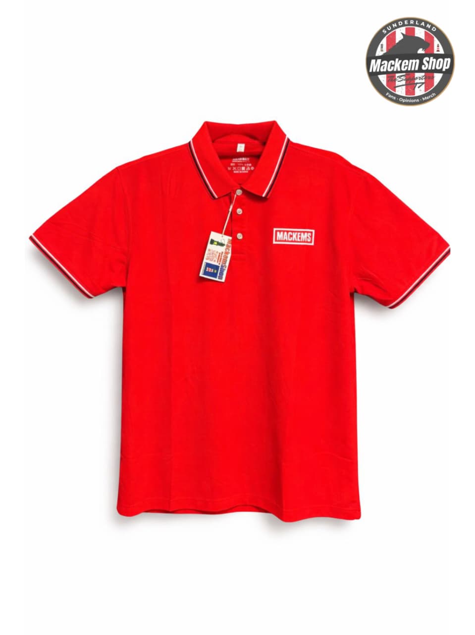 Red polo shirt with a MACKEMS tag on a white background, featuring the Macklem Shop logo.