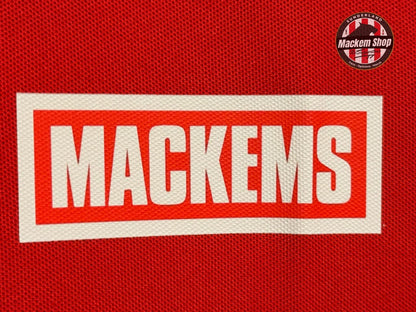 Red fabric background with 'Mackems' logo and Mackem Shop logo.