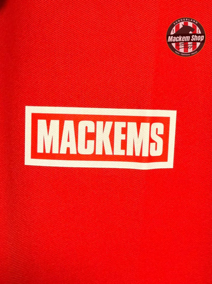 Red shirt with 'Mackems' logo and Mackem Shop badge on a red background