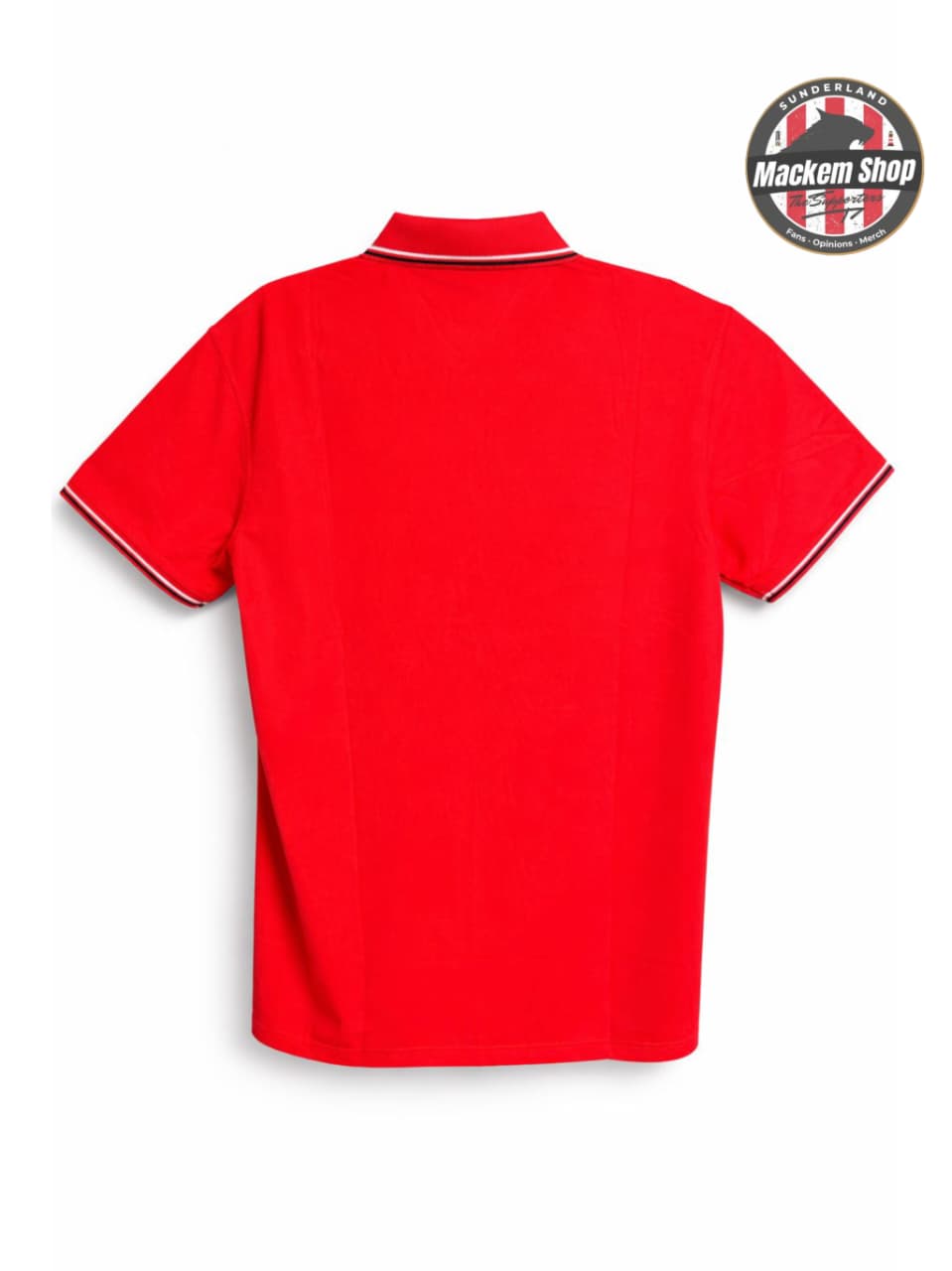 Red polo shirt with a visible brand logo on the collar against a white background