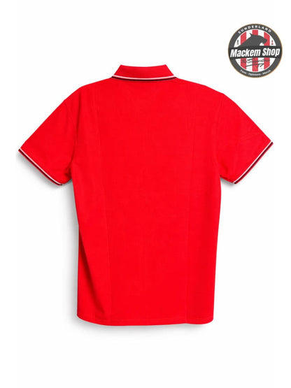 Red polo shirt with a visible brand logo on the collar against a white background
