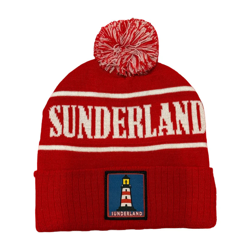 Red beanie with 'Sunderland' text and logo on a white background