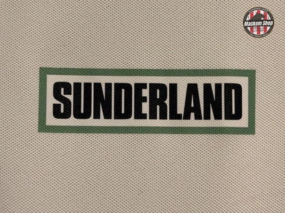 Text 'SUNDERLAND' on a textured beige background with a logo in the corner.