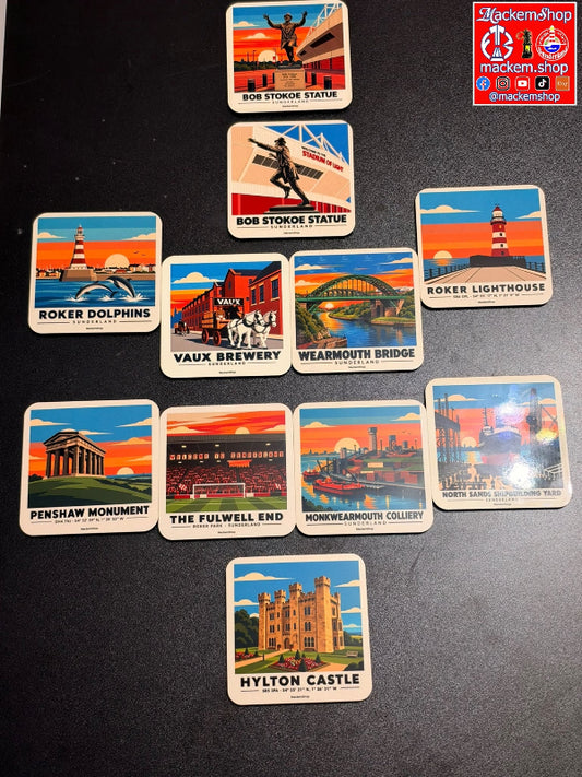 A Sunderland Art Coaster Collection by MackemShop on a black surface, with a MackemShop Logo is visible on top right corner.