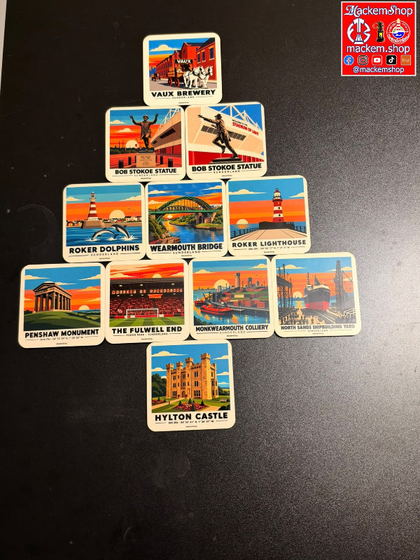 A set of vintage-style illustrated square Coasters arranged in a tree-like flat lay on a dark surface. The cards feature colorful travel/industrial scenes with text labels such as 'Vaux Brewery,' 'Bob Stokoe Statue,' 'Roker Dolphins,' 'The Fulwell End,' and 'Hylton Castle.