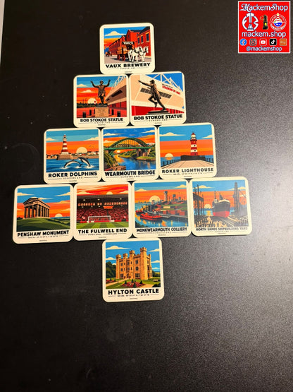 A set of vintage-style illustrated square Coasters arranged in a tree-like flat lay on a dark surface. The cards feature colorful travel/industrial scenes with text labels such as 'Vaux Brewery,' 'Bob Stokoe Statue,' 'Roker Dolphins,' 'The Fulwell End,' and 'Hylton Castle.