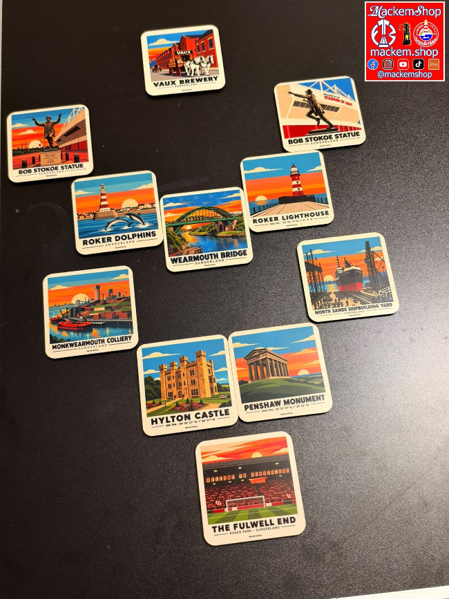 A set of Coasters featuring colorful vintage-style illustrations of local landmarks and scenes, arranged on a dark surface. The top-right corner includes a red and white 'MackemShop' logo badge.