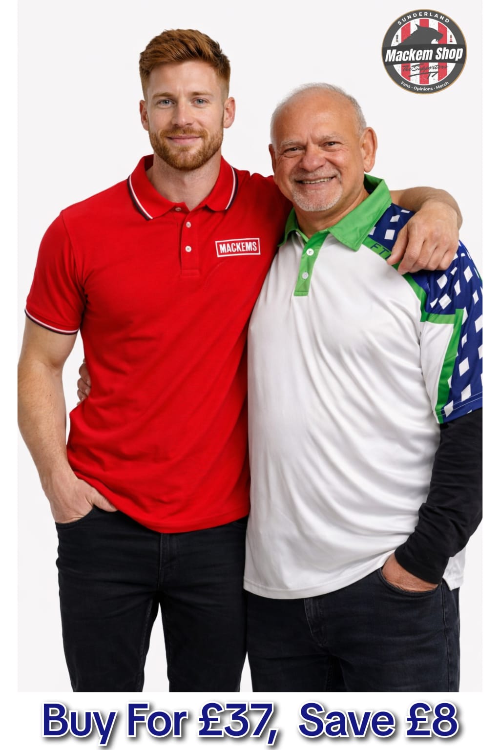 Two men wearing red and white polo shirts with a visible brand logo, standing close together on a white background.