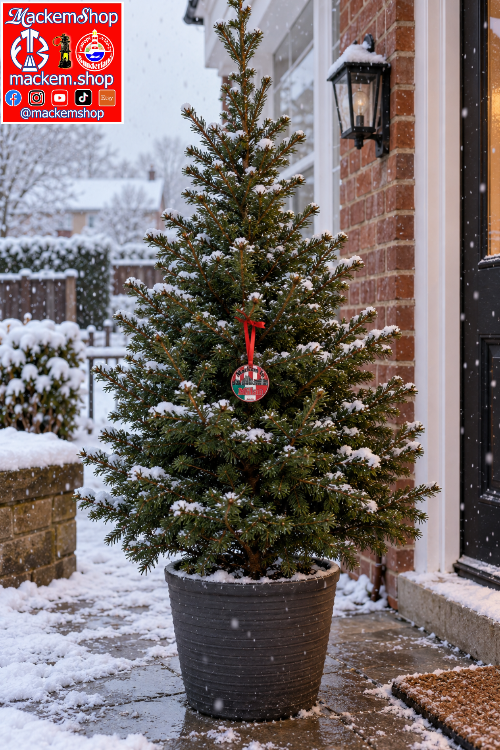 A snow-covered evergreen potted tree standing outside a brick house on a snowy porch, with a red hanging ornament with Mackem in Milan on it and a visible MackemShop logo overlay in the top left corner.
