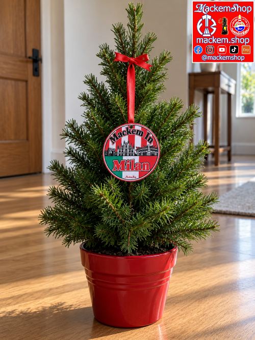 A small artificial Christmas tree in a red pot, decorated with a red ribbon and a round 'Mackem in Milan' ornament, set on a wooden floor in a home interior. A MackemShop Logo is visible on top right corner.