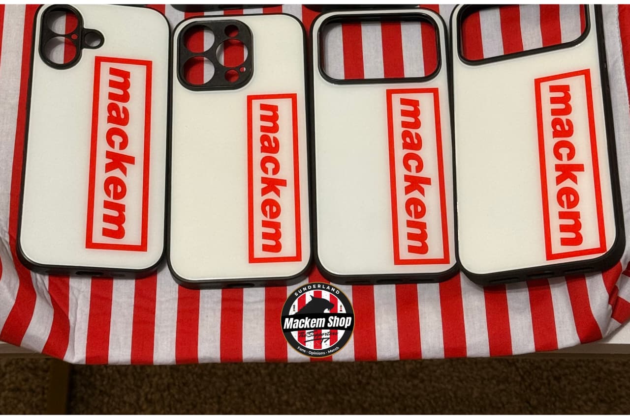 Four phone cases with 'mackem' branding on a red and white striped background.