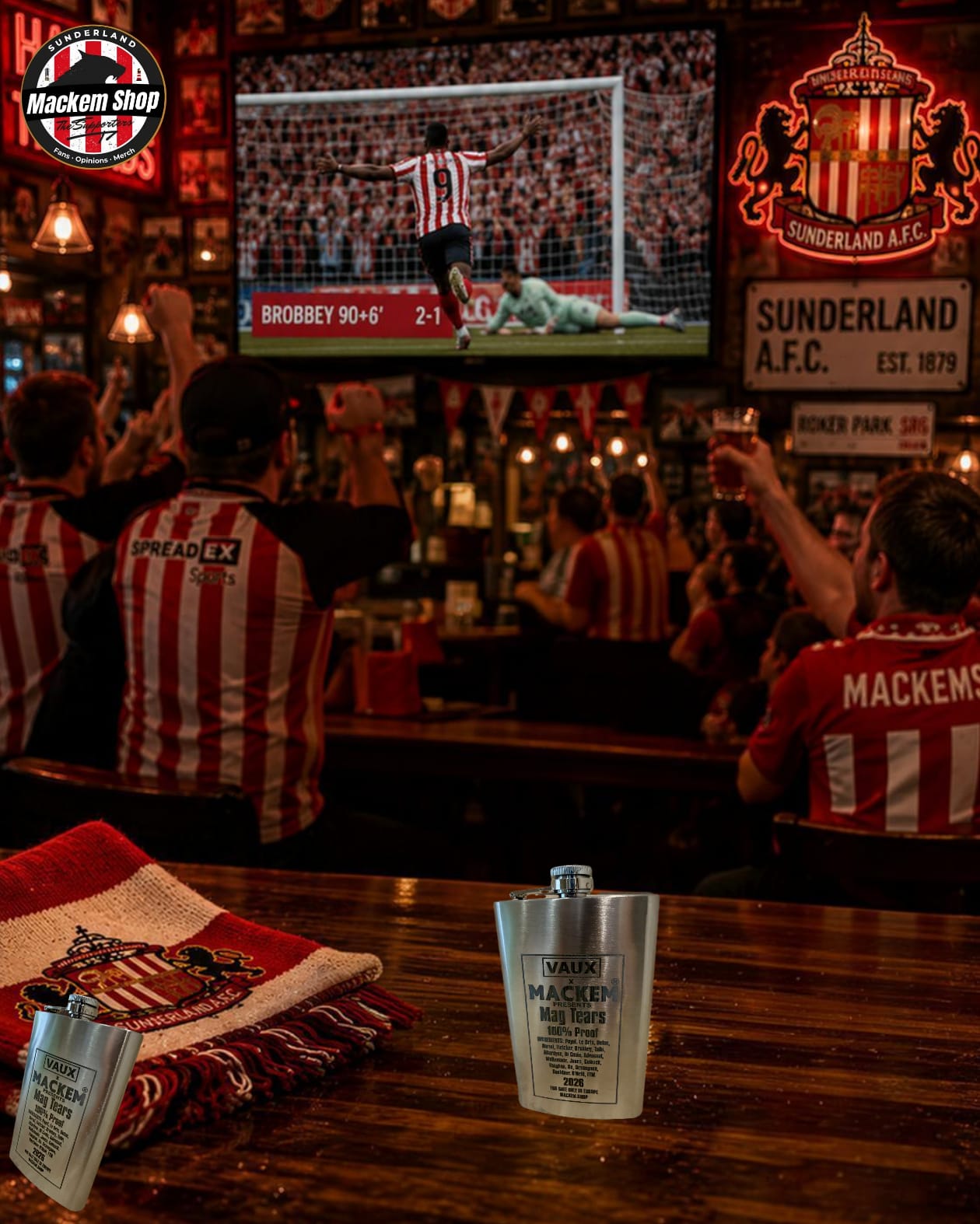 A bar scene with people wearing red and white jersey and a Stainless-steel flask by MackemShop.