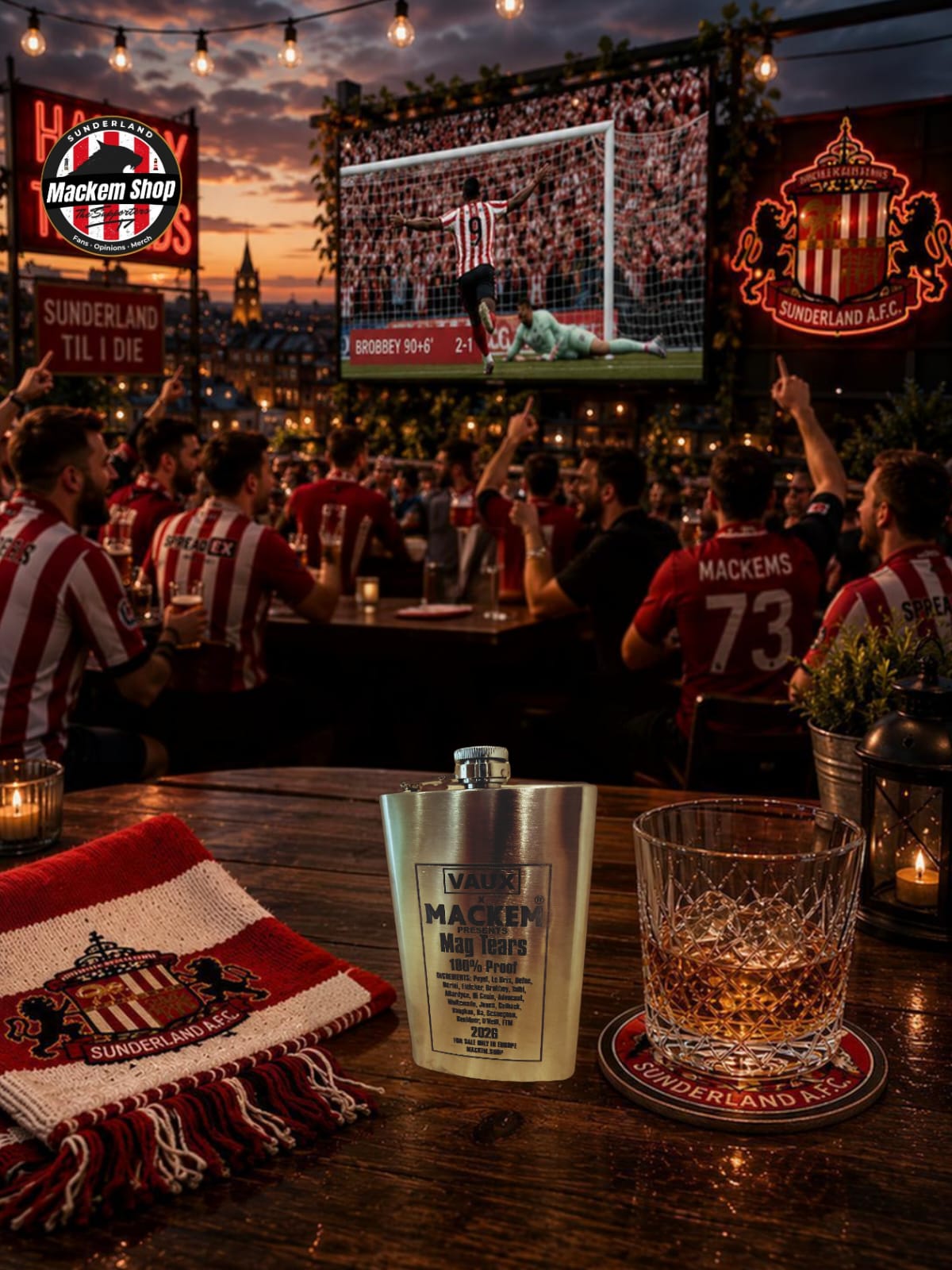 Vaux x Mackem Mag tears flask by MackemShop.