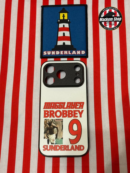 Phone case with lighthouse design and text on a red and white striped background