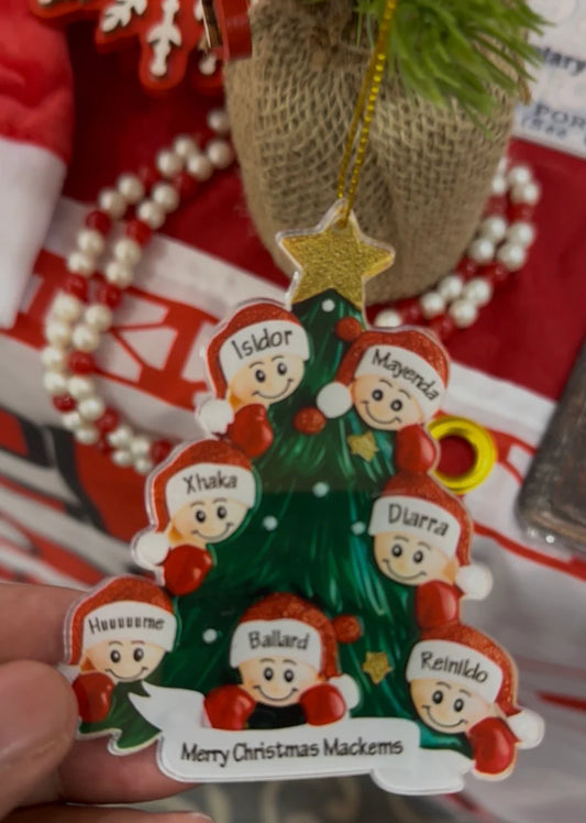 Personalized Christmas tree ornament with Sunderland Afc players as cartoon characters held against a festive background.