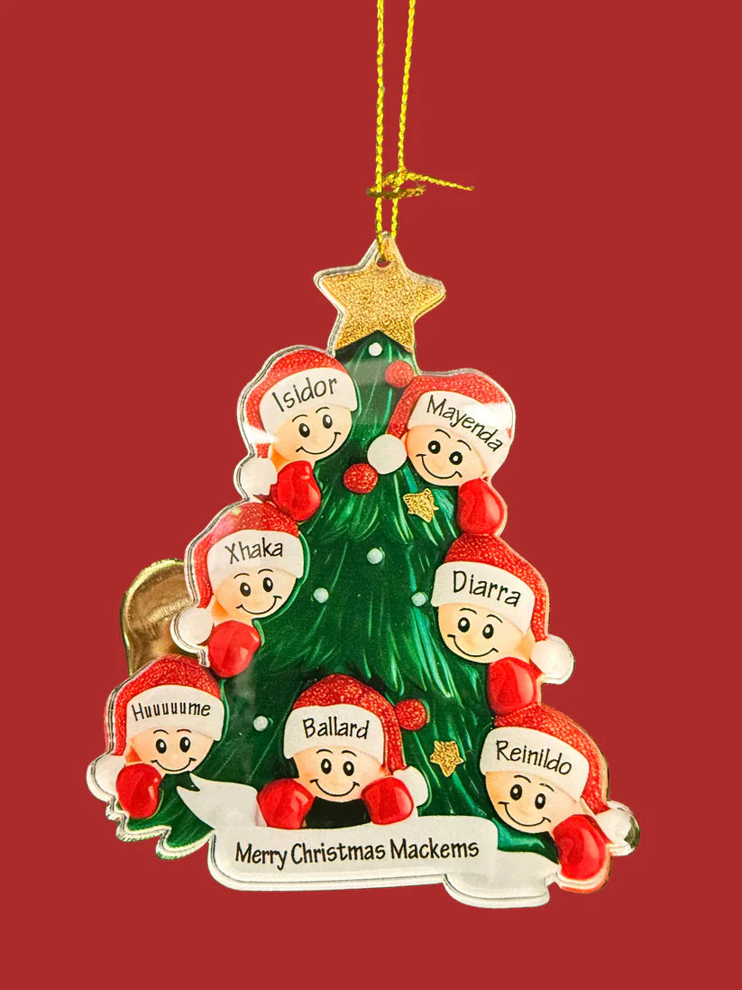 Personalized Christmas tree ornament of Sunderland players as children's faces and names on a red background