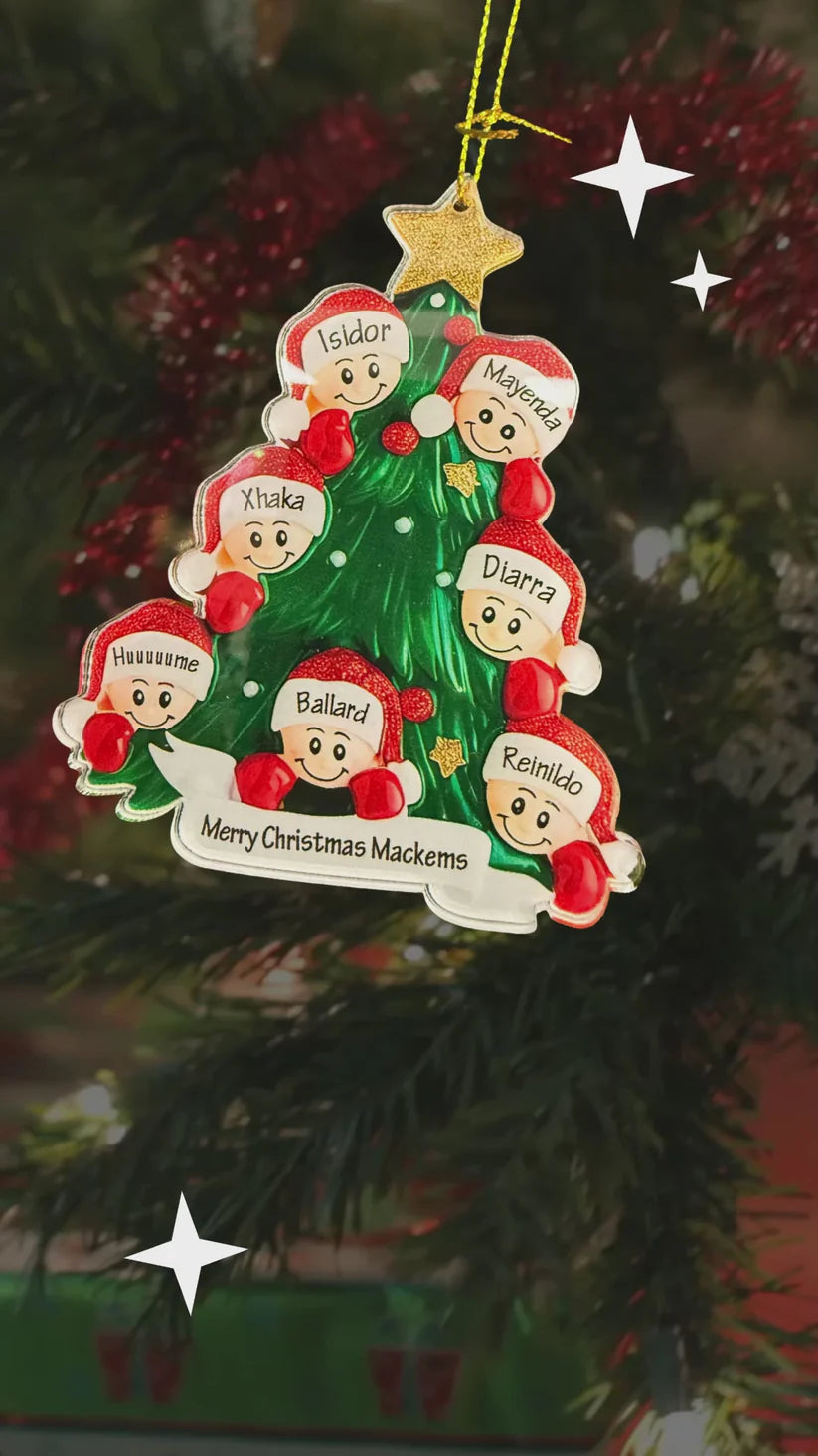 Christmas tree-shaped ornament with faces and names on a Christmas tree.
