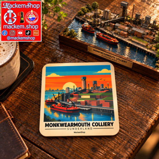 A square coaster featuring a colorful vintage-style illustration of Monkwearmouth Colliery in Sunderland, displayed on a rustic wooden table next to a coffee cup and a miniature industrial model. A red and white 'MackemShop' logo overlay is in the top-left corner.