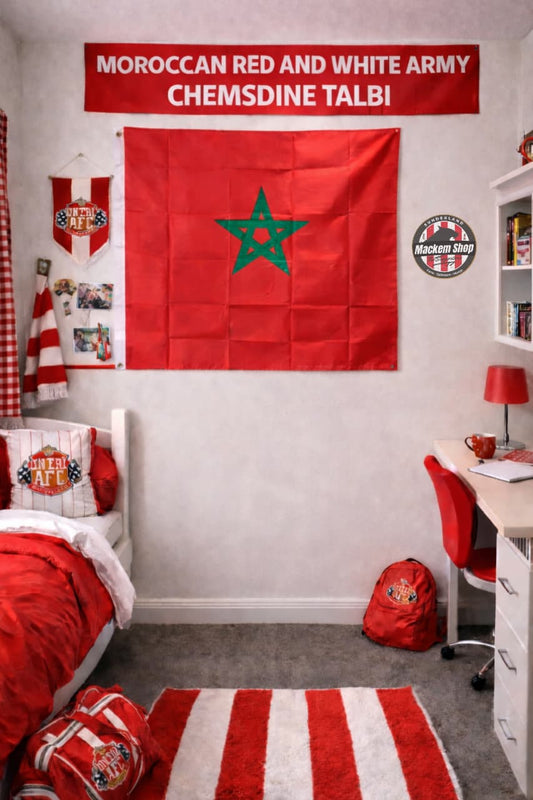Room interior with Moroccan flag, red and white decor, and shelves.