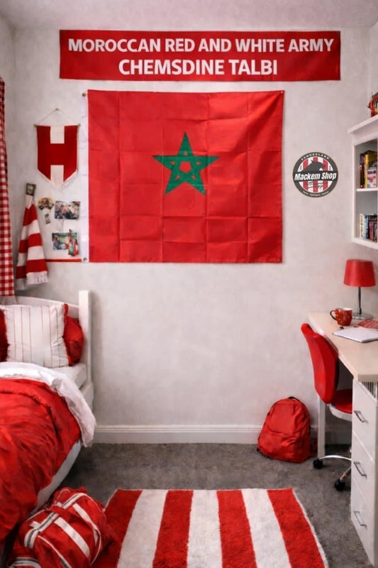 A Moroccan Red and White Army themed bedroom featuring a large Chemsdine Talbi banner, a Moroccan flag, a red and white striped rug, and red bedding on a single bed.