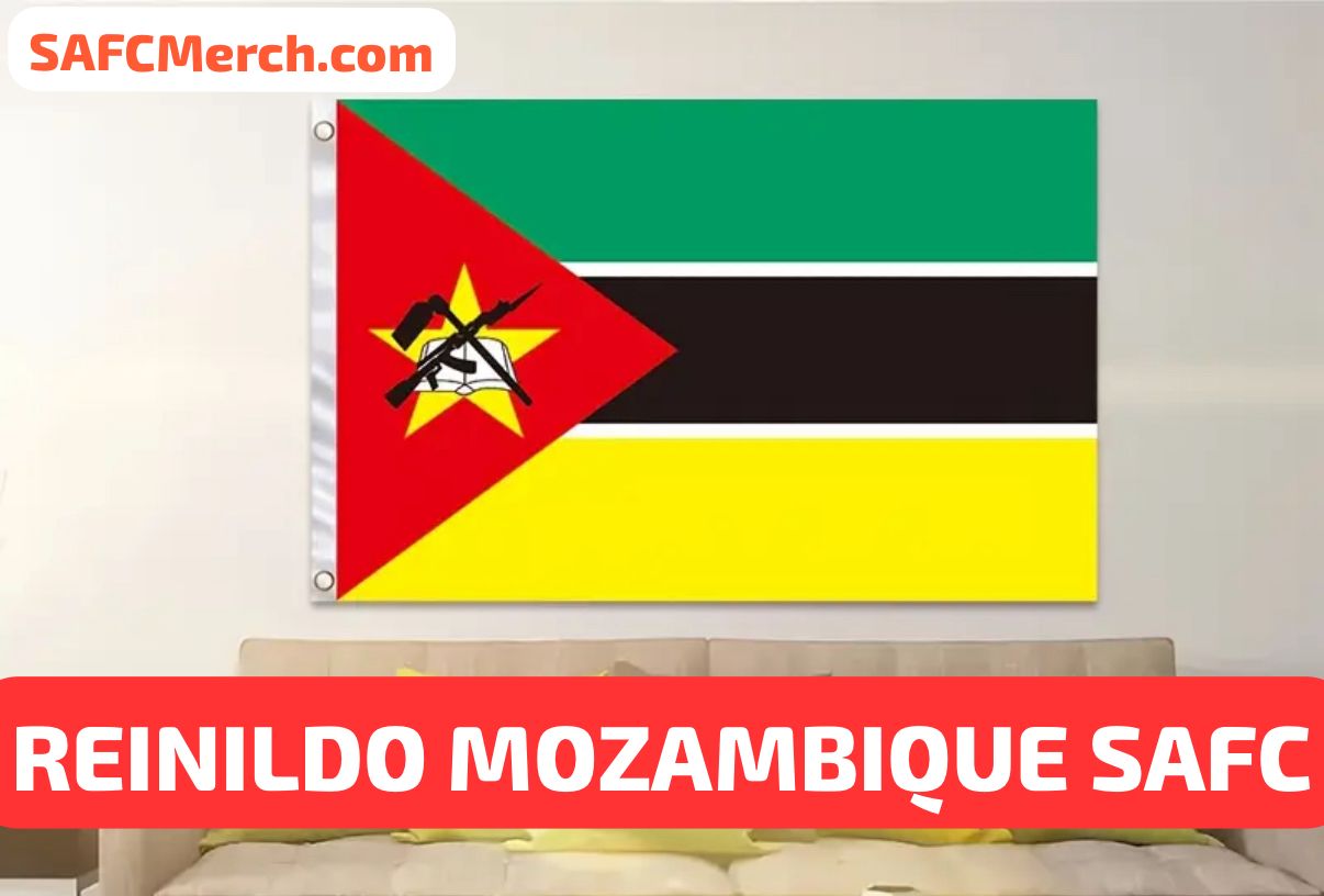 Flag of Mozambique with a red, green, black, and yellow design on a white background.