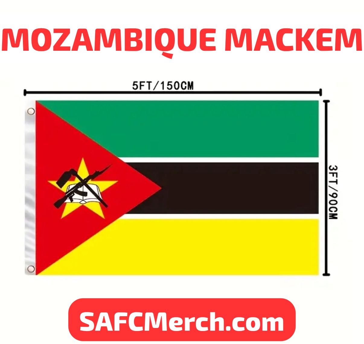 Mozambique flag with dimensions and SAFCMerch.com branding