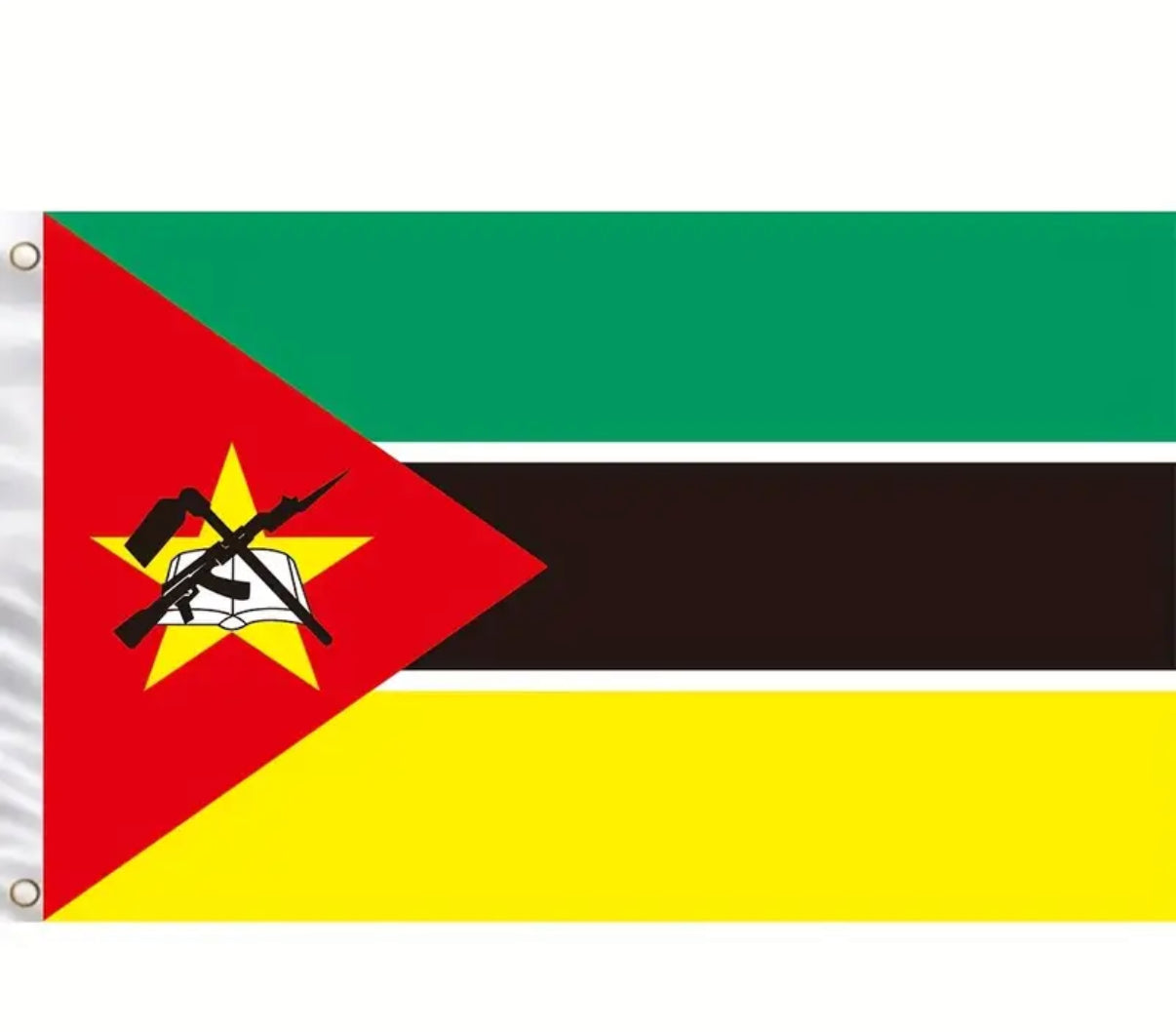 Flag with a red triangle, green, black, and yellow horizontal stripes, featuring a central emblem.