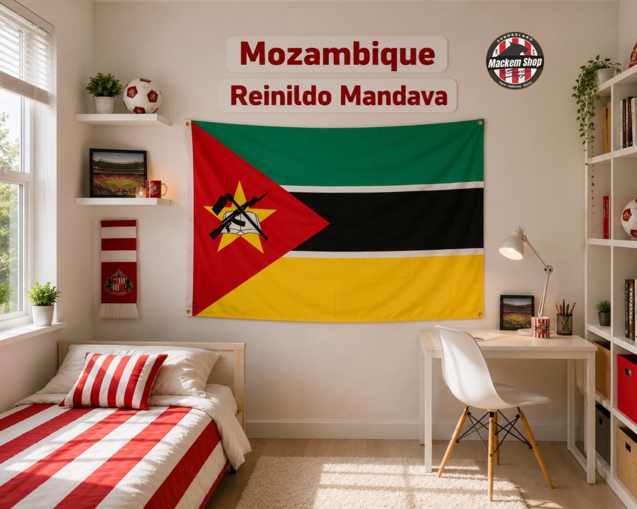 Bedroom with Mozambique flag on the wall, desk, and shelves.