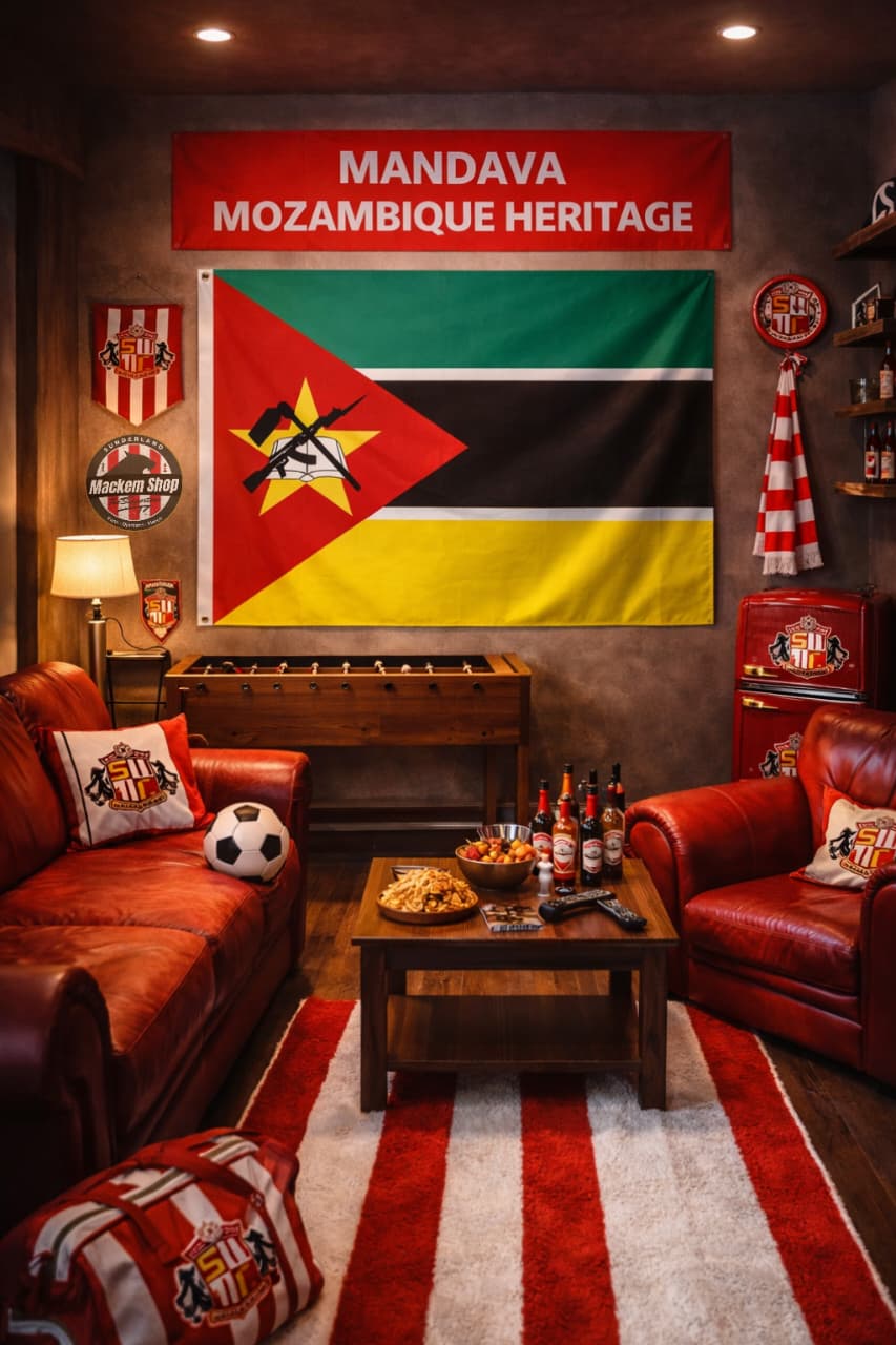 Living room with Mozambique heritage theme, featuring a flag and sports decor.