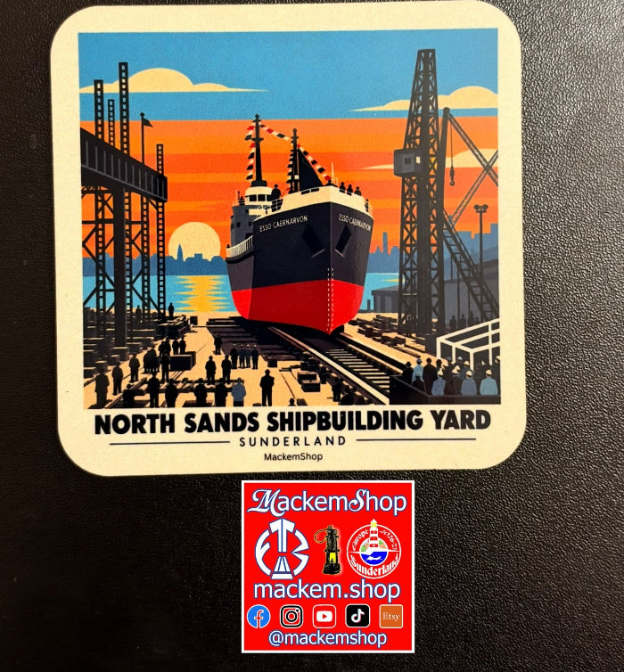 A coaster with illustration of north sands shipbuilding yard on a black surface with a MackemShop logo visible in middle down corner.