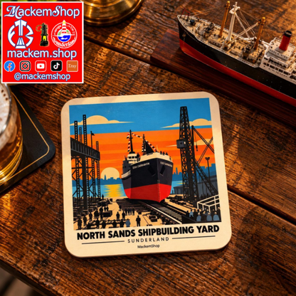 A coaster with illustration of North sands Shipbuilding yard. A miniature of a ship is also on the table. A MackemShop logo is visible on top left corner.