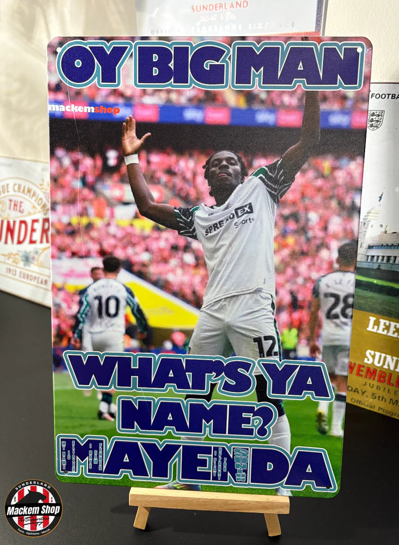 Soccer-themed poster with a player on a stand, featuring text and branding.