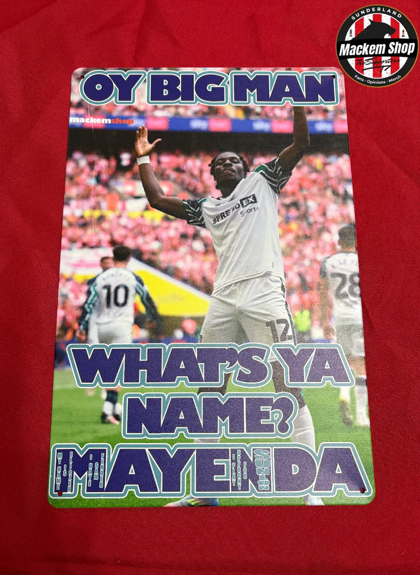 Card with a soccer player and text on a red background, featuring the Mackem Shop logo.
