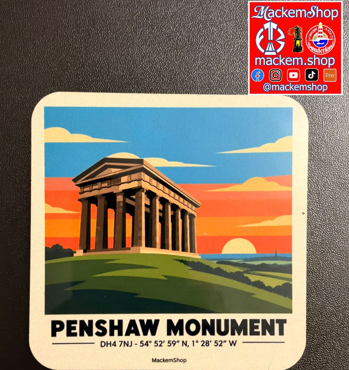 A square coaster featuring a stylized illustration of the Penshaw Monument in the UK, set against a dark textured background. The coaster has a cream border and displays the monument under a vibrant sunset sky with blue, orange, and yellow hues.