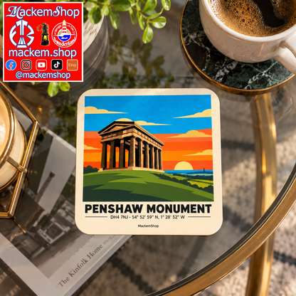 A square coaster featuring a stylized illustration of Penshaw Monument, displayed on a glass table next to a coffee cup. The coaster has a cream border and the text 'PENSHAW MONUMENT' with coordinates below.
