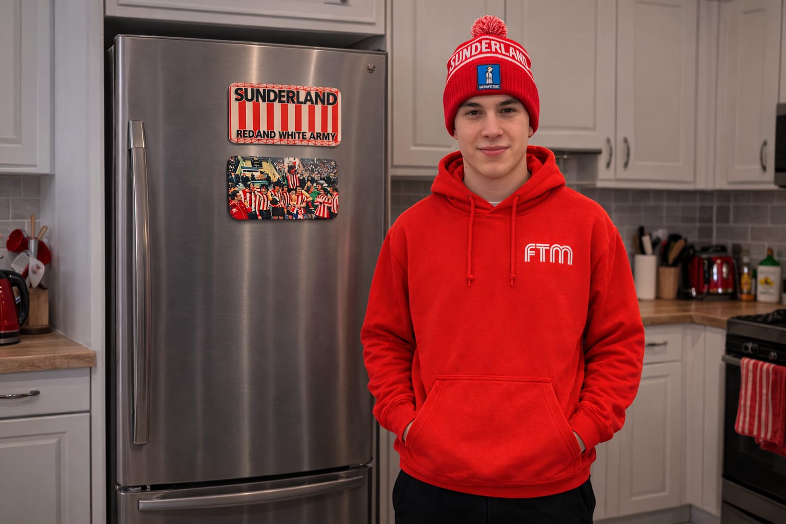 Person wearing a red hoodie and hat standing in a kitchen with a refrigerator featuring a Sunderland magnet.