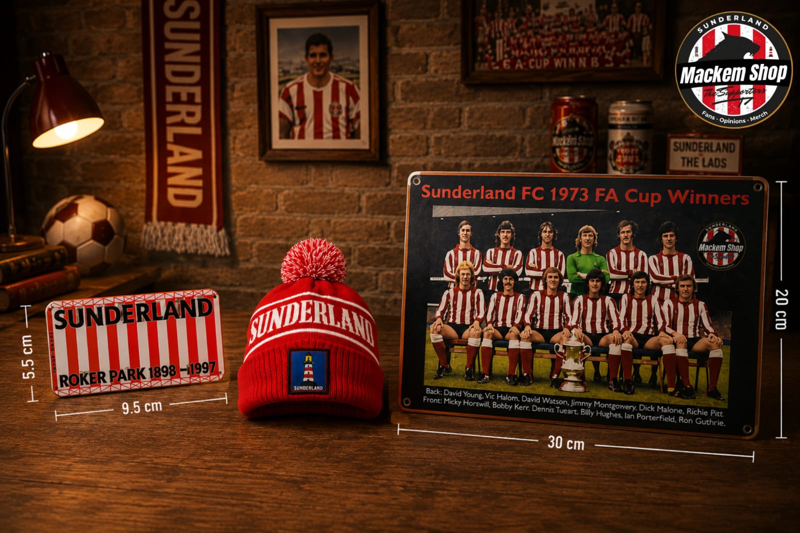Sunderland AFC Roker Park Heritage Bundle by MackemShop consisting of Sunderland Roker Park Fridge Magnet, Sunderland Lighthouse Beanie, and 1973 FA Cup Winners Squad Metal sign.