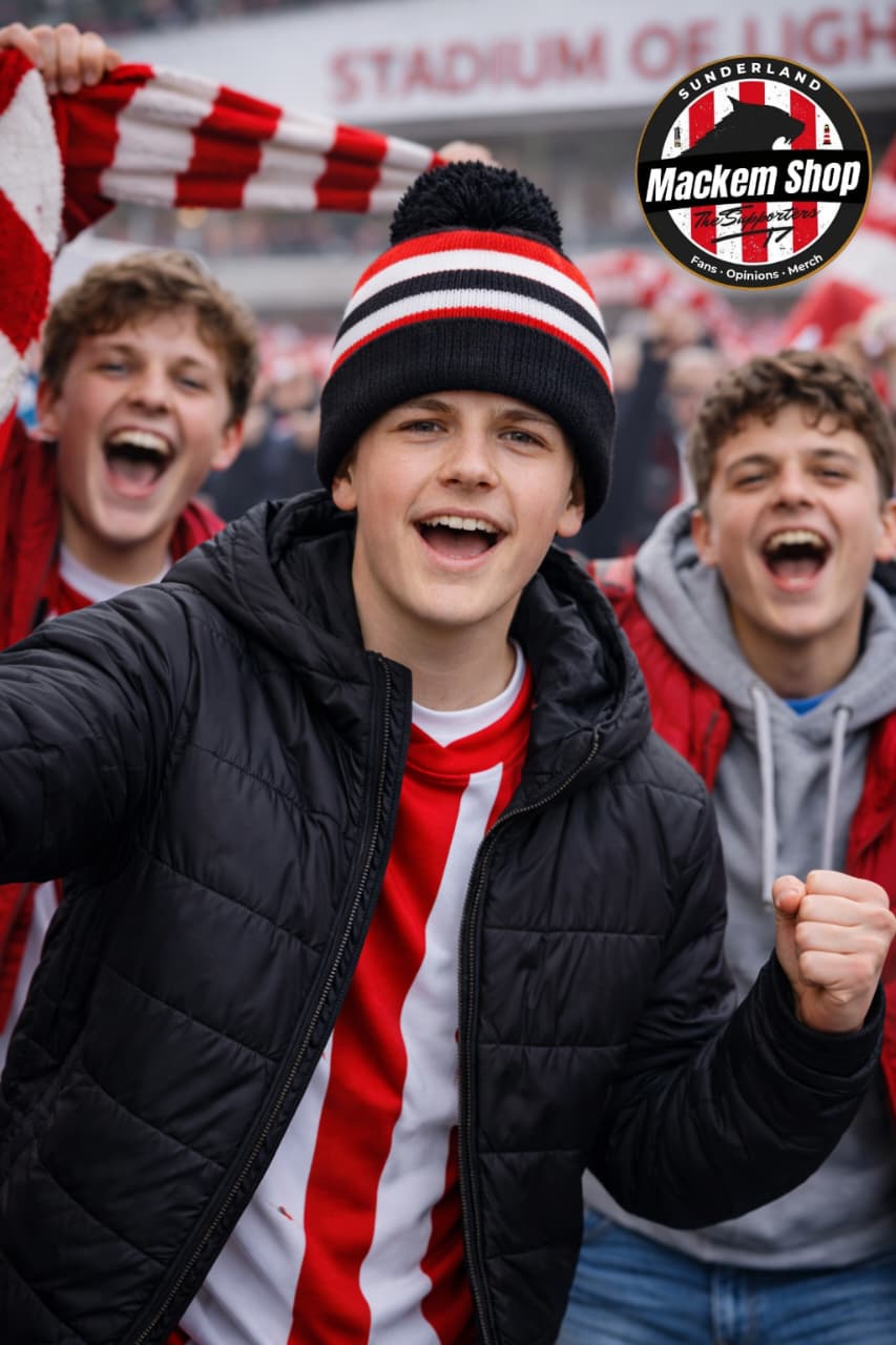 A young fan surrounded by his friends and cheering on while wearing Roker Retro Bobble hat by Mackem shop.