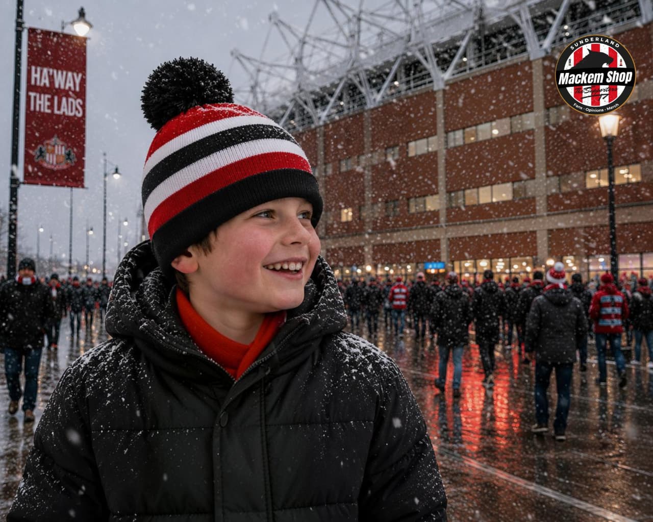 Child wearing a red, white, and black striped beanie in front of a stadium with people and snow.