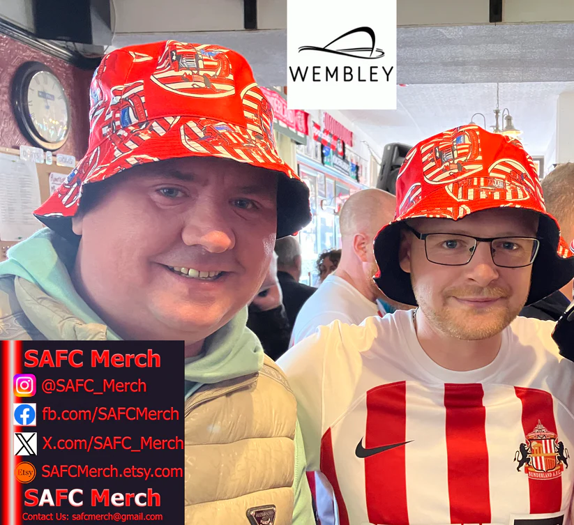 Two men wearing red patterned hats with Wembley branding, surrounded by promotional text for SAFC Merch.