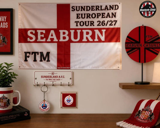 Seaburn Bundle consisting of Seaburn Flag, Seaburn casuals metal sign, Sunderland europe tour keychain and Badge by MackemShop.