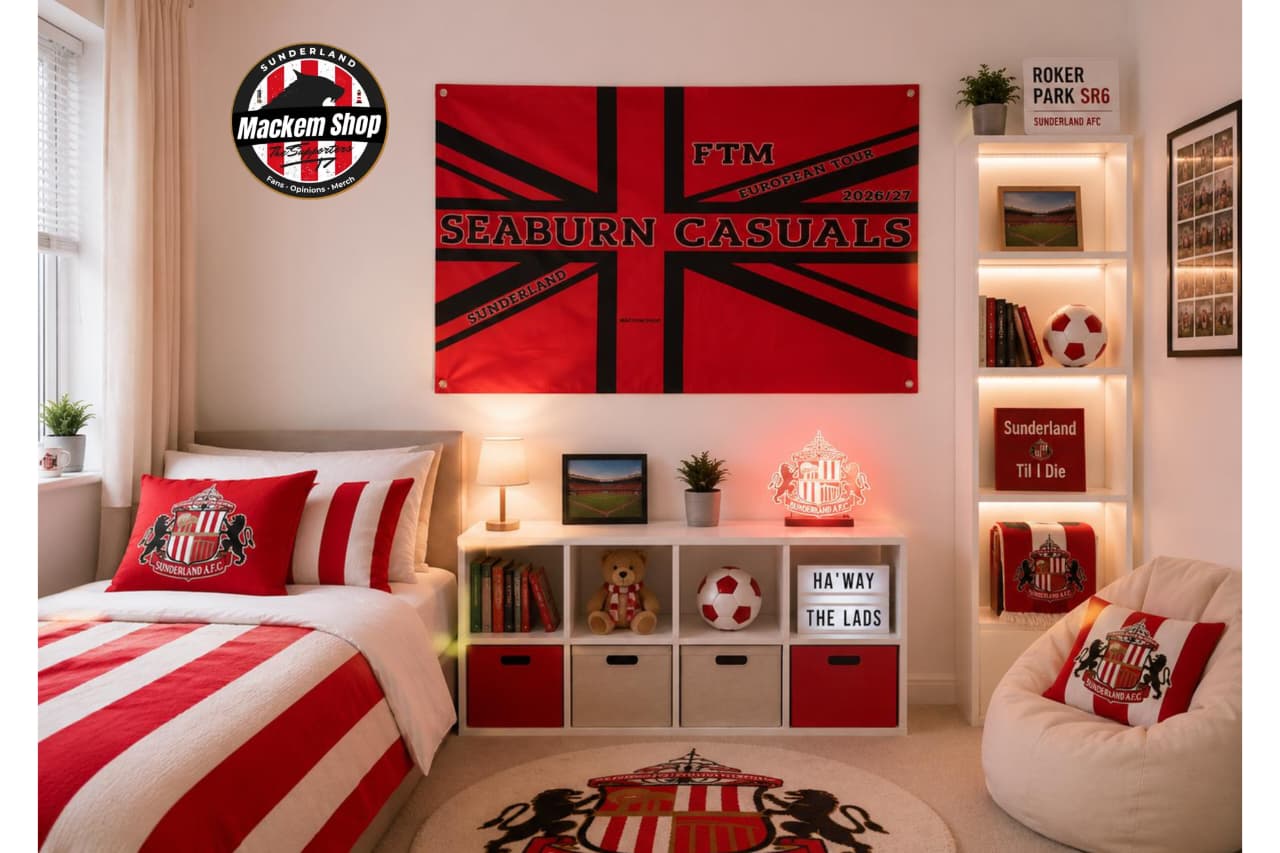 Room interior with Seaburn Casuals flag, bed, and shelves.