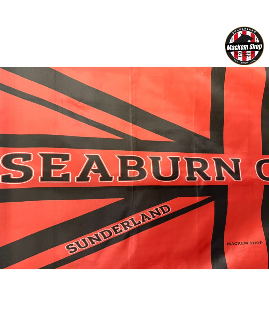 Union Jack flag with 'Seaburn' and 'Sunderland' text on a red background, featuring the Mackem Shop logo.