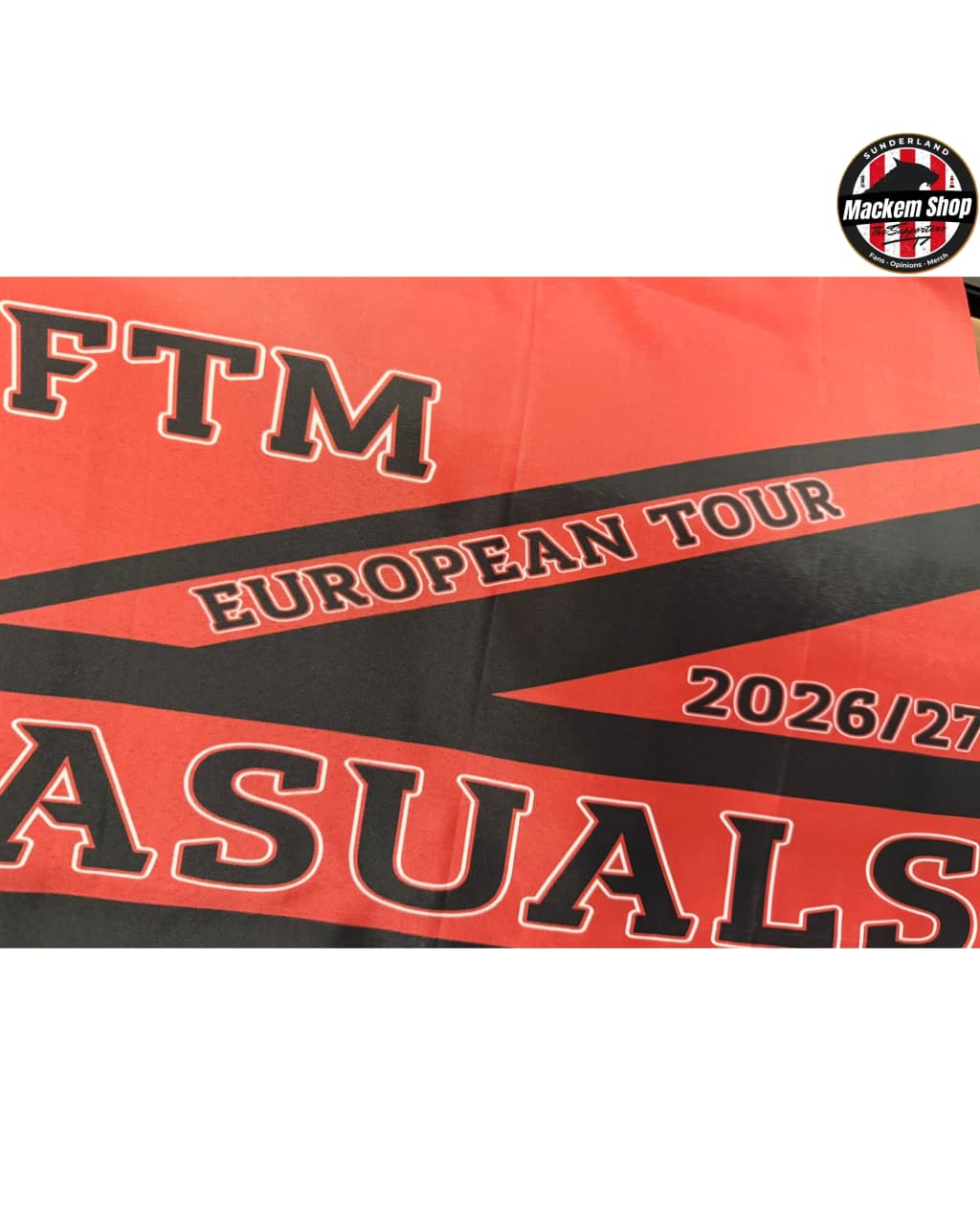 Red banner with black text and 'FTM Casuals' branding on a white background