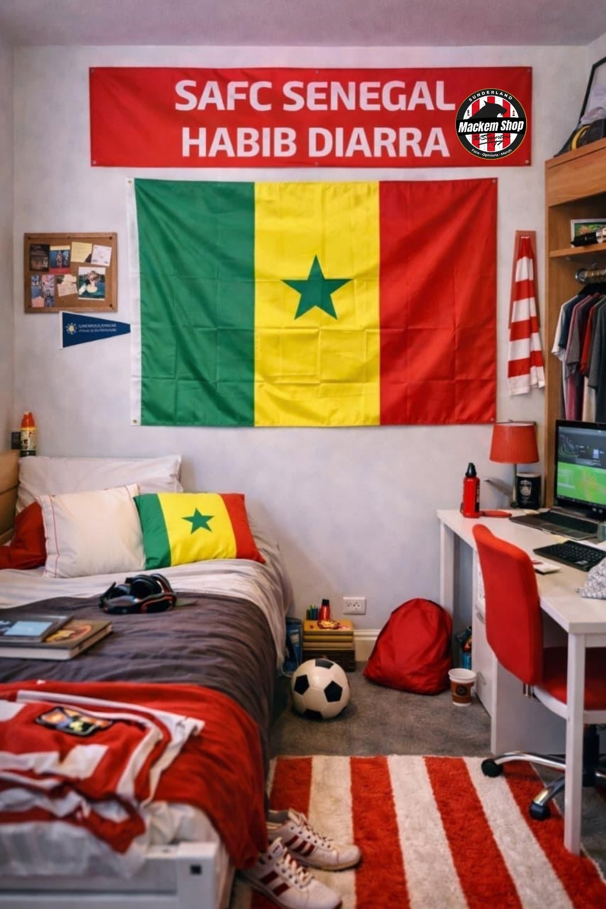 A bedroom decorated with a large Senegalese flag and a red banner reading 'SAFC SENEGAL HABIB DIARRA' on the wall above the bed.