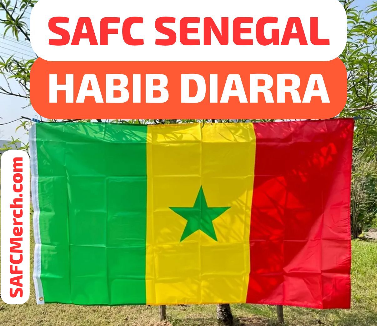 Senegalese flag with 'SAFC Senegal Habib Diarra' text and SAFCMerch.com logo.