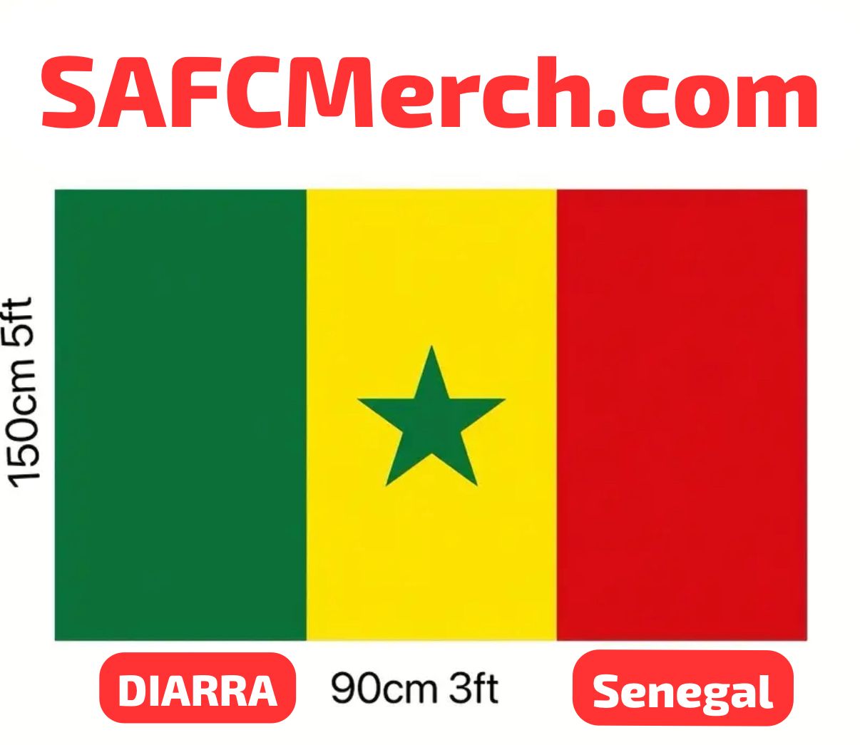 Flag of Senegal with dimensions and text overlay on a white background