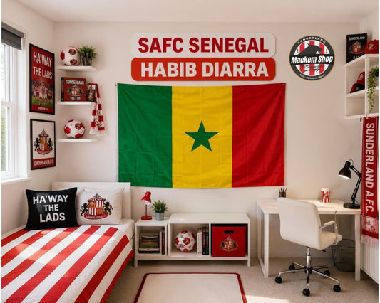 Room interior with a Senegalese flag, sports-themed decor, and furniture.