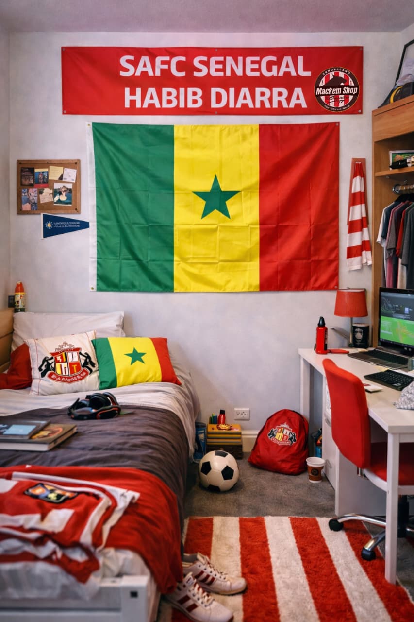 Room interior with a Senegalese flag and sports-themed decor